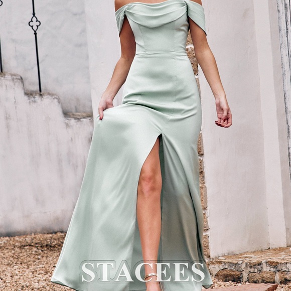 NEW STACEE Off-the-Shoulder Floor-Length Stretch Satin Dress Sz 12 - Picture 3 of 8